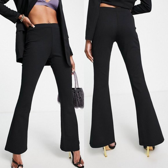 ASOS Design 10 Petite Black High Rise Slim Kick Flare Slim Fit Suit Pants - Picture 2 of 10